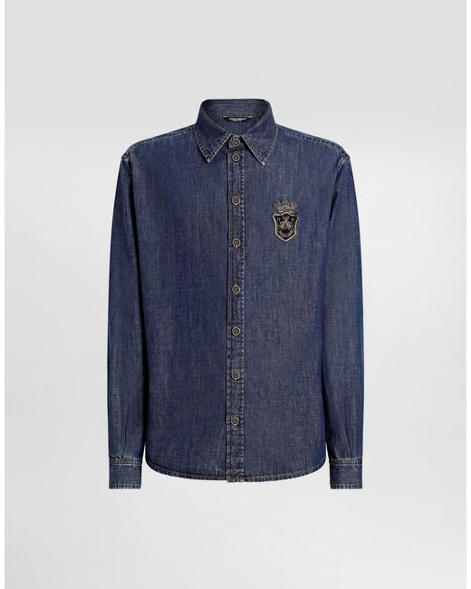 Dolce & Gabbana Blue Denim Shirt With Heraldic Emblem for men