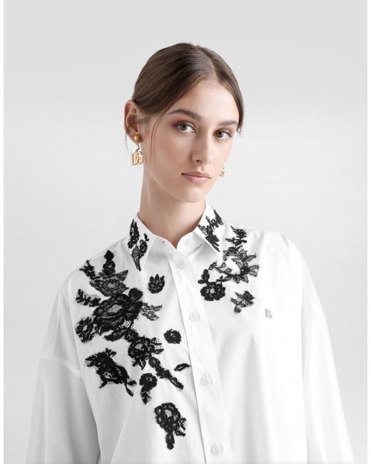 Dolce & Gabbana White Oversize Cotton Poplin Shirt With Lace Appliqués