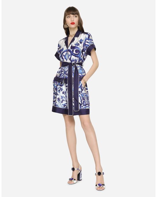 Dolce & Gabbana Blue Pyjamashorts Aus Twill Majolika-Print