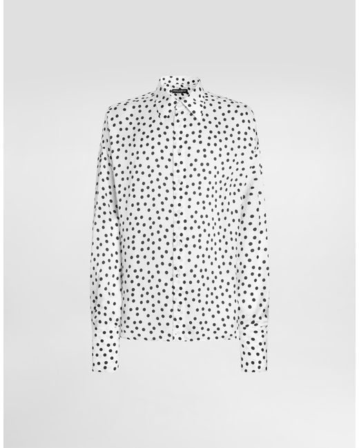Dolce & Gabbana White Polka-Dot Print Wavy Silk Shirt for men