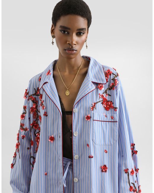 Dolce & Gabbana Blue Poplin Shirt With Cherry Tree Embroidery