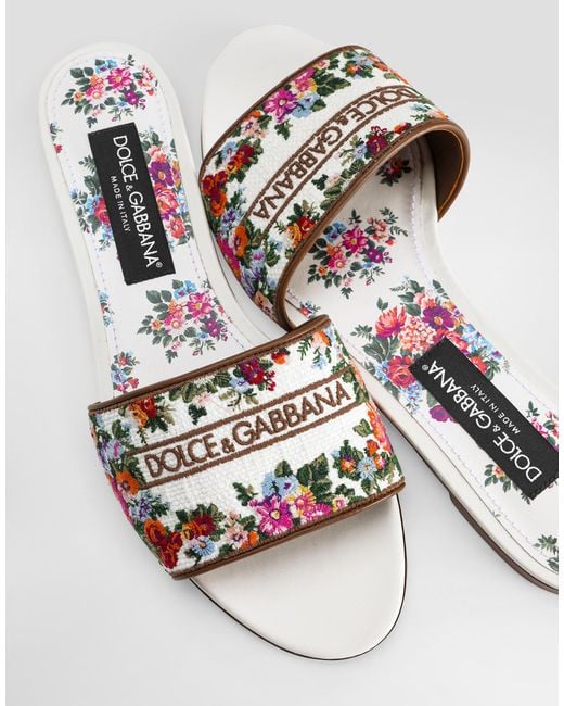 Dolce & Gabbana White Nappa Leather Flat Slippers With Embroidery