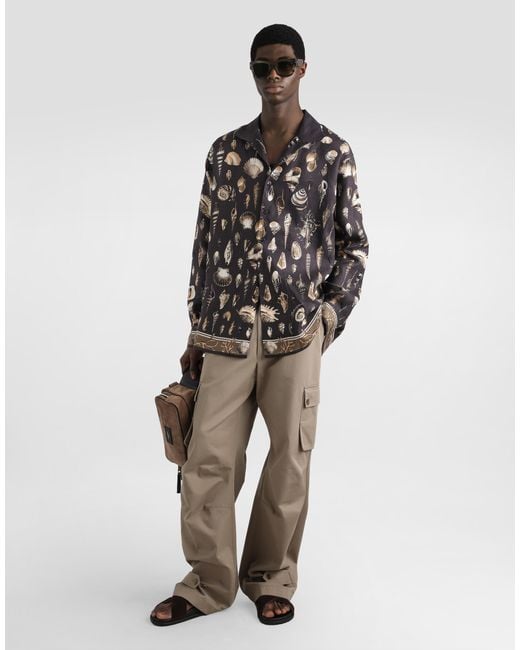 Dolce & Gabbana Black Shell-Print Oversized Linen Canvas Shirt for men
