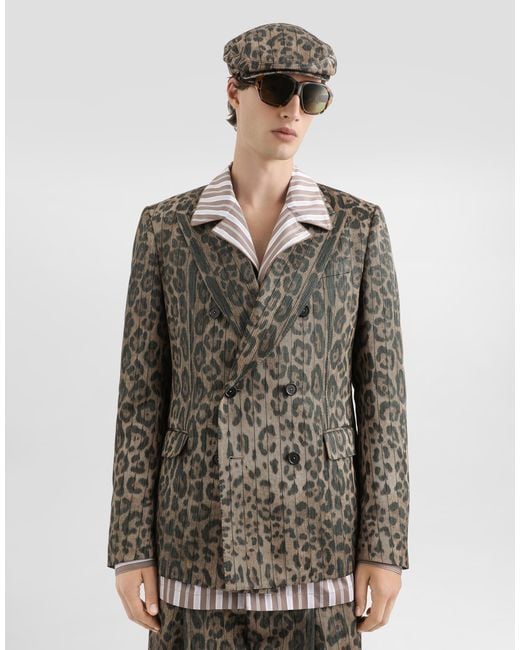Dolce & Gabbana Brown Leopard- Jacquard Double-Breasted Jacket for men