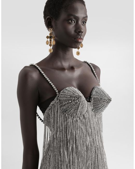 Dolce & Gabbana Gray Marquisette Calf-Length Dress With Sequined Fringing