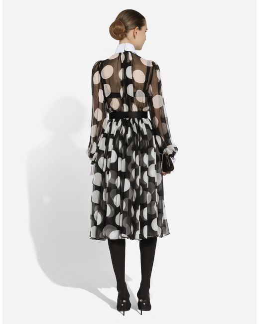 Dolce & Gabbana Black Polka Dot Long Sleeve Belted Chiffon Midi Dress