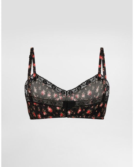 Dolce & Gabbana Black Small Rose-Print Satin And Lace Bra