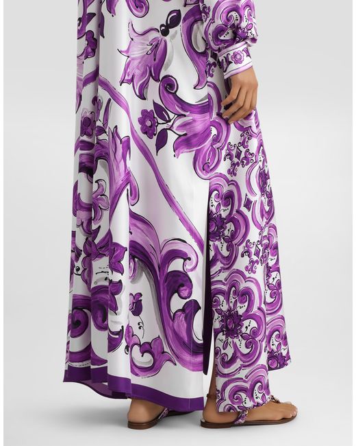 Dolce & Gabbana Purple Majolica-Print Long Twill Shirt Dress