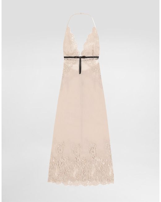 Dolce & Gabbana Natural Georgette Slip Dress With Lace Details