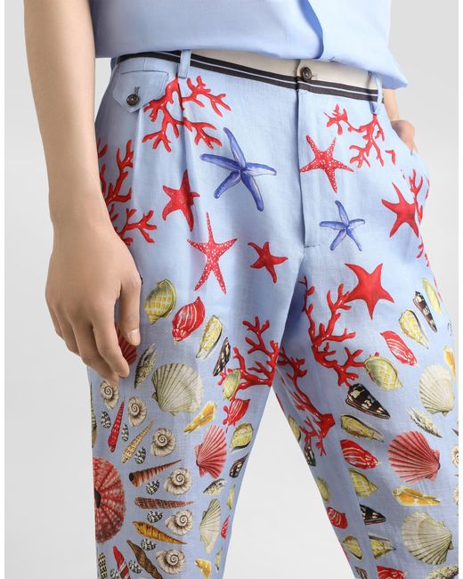 Dolce & Gabbana White Shell-Print Linen Canvas Trousers for men