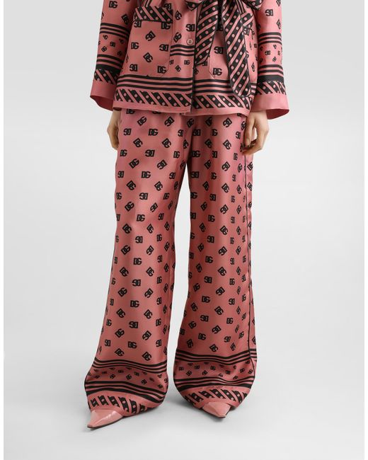 Dolce & Gabbana Red Jacquard-Pyjamahose Aus Seidensatin Dg-Logo Allover