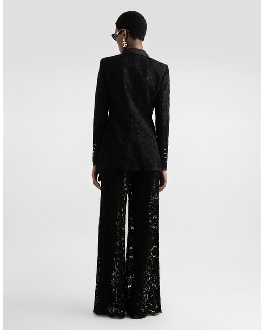 Dolce & Gabbana Black Double-Breasted Branded Floral Cordonetto Lace Turlington-Fit Jacket