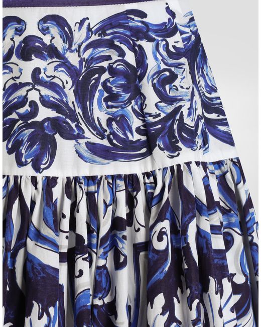 Dolce & Gabbana Blue Dg Exclusive Majolica- Long Poplin Skirt