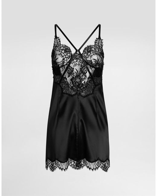 Dolce & Gabbana Lace-Trimmed Satin Slip Dress in Black | Lyst