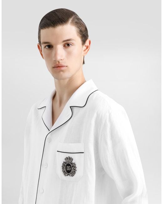 Dolce & Gabbana White Linen Vanity Shirt With Heraldic Emblem for men