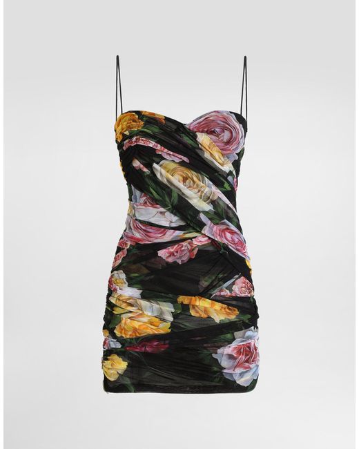 Robe Courte En Tulle Drapé À Pivoines Et Roses Dolce & Gabbana en coloris Black