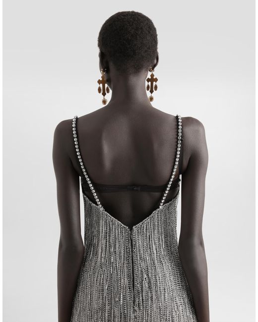 Dolce & Gabbana Gray Marquisette Calf-Length Dress With Sequined Fringing