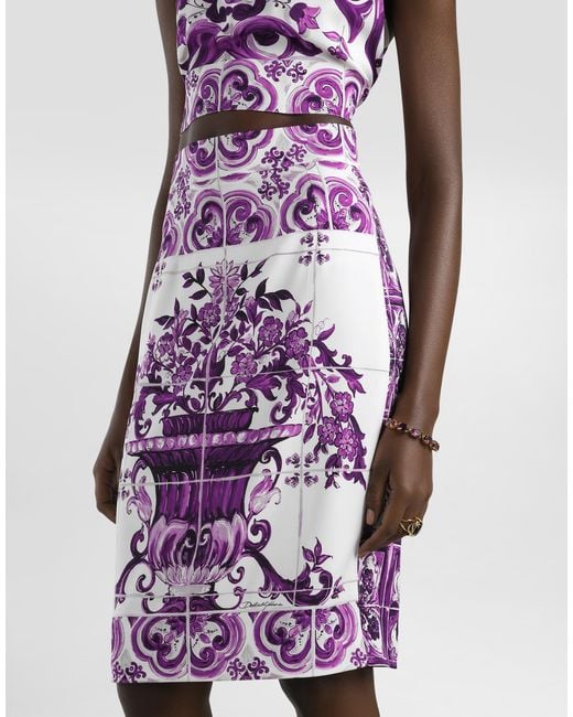 Dolce & Gabbana Purple Maiolica Silk Pencil Skirt