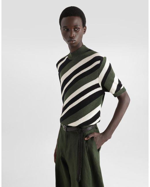 メンズ Dolce & Gabbana Short-Sleeved Cotton Mock-Turtleneck With Striped Inlay Black