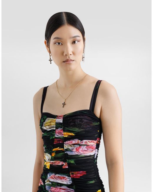 Dolce & Gabbana White Tulle Calf-Length Slip Dress With Draping And Peony And Rose