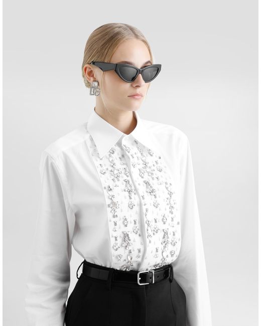 Dolce & Gabbana White Cotton Tuxedo Shirt With Rhinestone-Embroidered Shirt Front