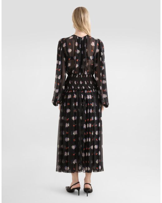 Dolce & Gabbana Black Small Floral-Print Long Chiffon Dress