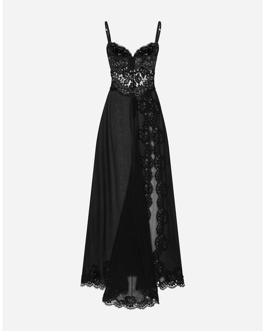 Dolce & Gabbana Black Long Silk Chiffon And Chantilly Lace Slip Dress