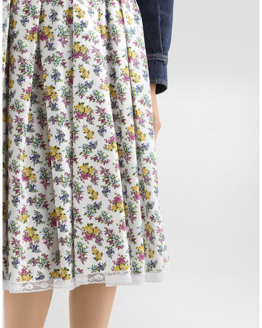 Dolce & Gabbana White Small Floral-Print Poplin Skirt