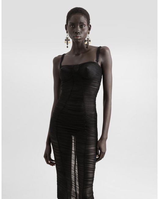 Dolce & Gabbana Black Longuettekleid Aus Drapiertem Tüll