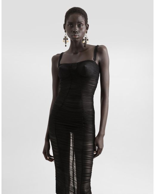 Dolce & Gabbana Black Tulle Calf-Length Dress With Draping
