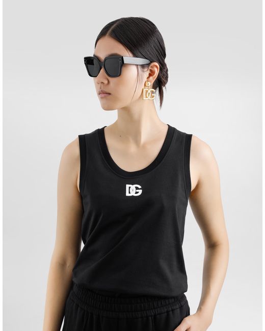Dolce & Gabbana Black Oversize Jersey Tank Top With Dg Logo Embroidery