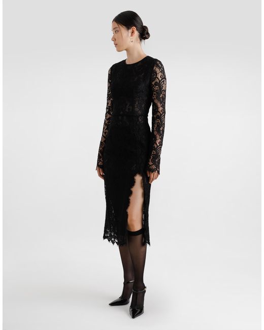 Dolce & Gabbana Black Ausgestelltes Longuette-Kleid Aus Floraler Spitze Mit Kontrastierendem Futter