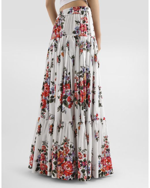 Dolce & Gabbana White Flower Bouquet-Print Poplin Long Skirt