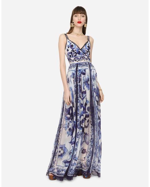Dolce & Gabbana White Langes Kleid Aus Chiffon Majolika-Print
