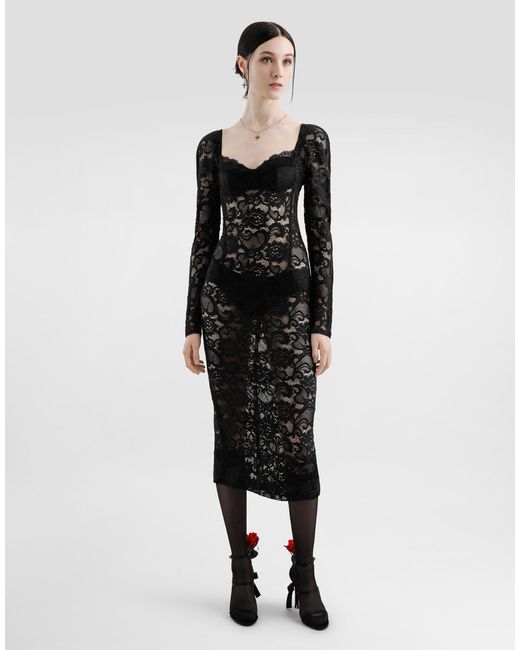 Dolce & Gabbana Black Longuette-Kleid Aus Floraler Spitze Mit Bh-Cups