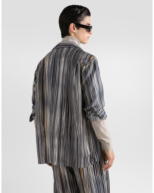 Dolce & Gabbana Gray Stripe-Print Hawaii Silk Twill Shirt for men