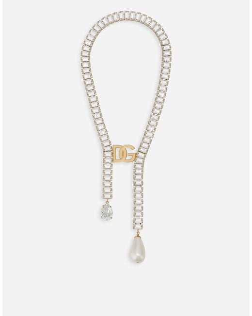 Dolce & Gabbana Necklace With Pearls, Rhinestones And Dg Logo in Gold