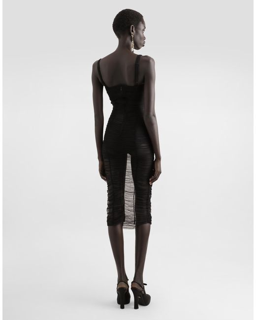 Dolce & Gabbana Black Tulle Calf-Length Dress With Draping