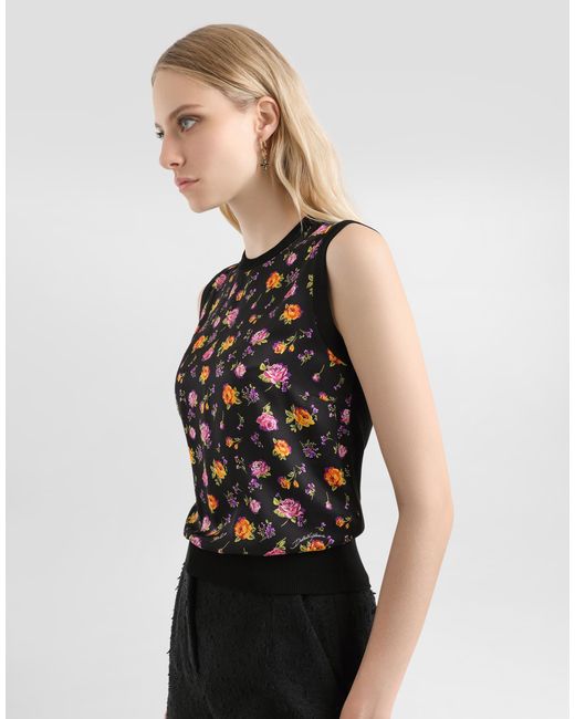 Dolce & Gabbana Black Small Rose Bouquets-Print Silk Tank Top