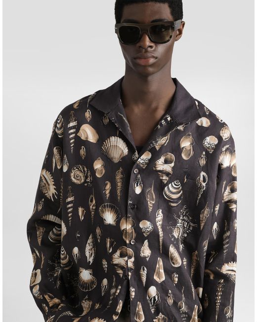 Dolce & Gabbana Black Shell-Print Oversized Linen Canvas Shirt for men