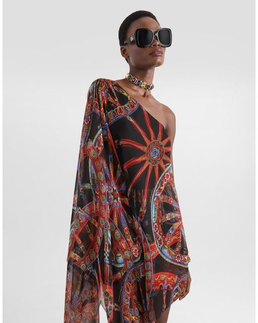 Dolce & Gabbana Red One-Shoulder Carretto-Print Chiffon Dress
