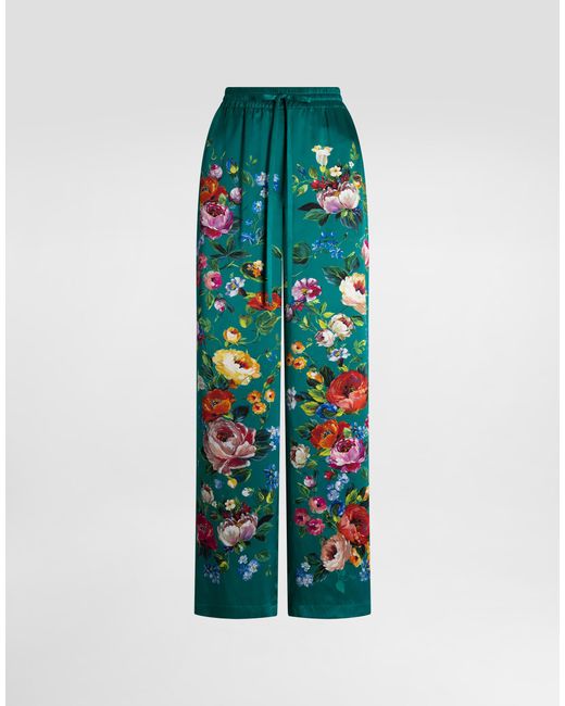 Dolce & Gabbana Green Rose-Print Satin Vanity Trousers