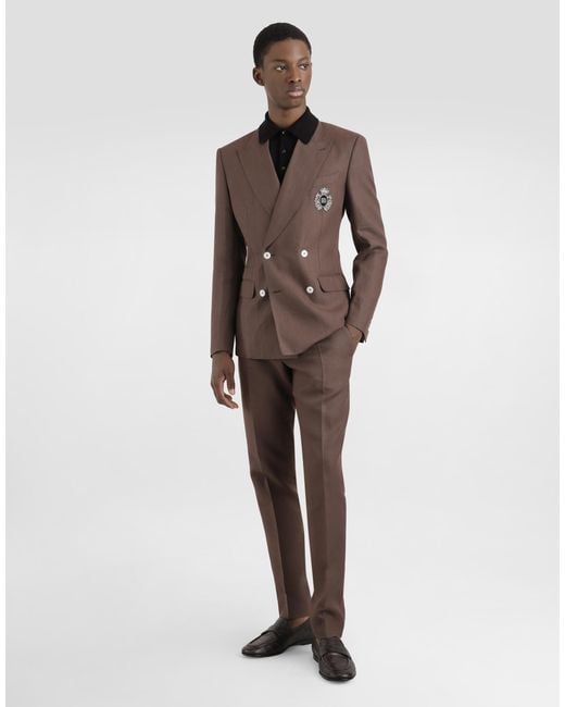 Dolce & Gabbana Brown Double-Breasted Linen Jacket With Patch for men