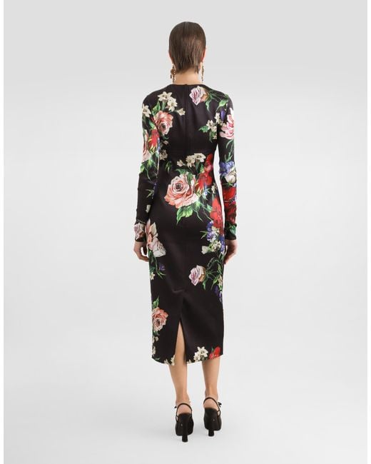 Dolce & Gabbana White Satin Calf-Length Round-Neck Dress With Floral