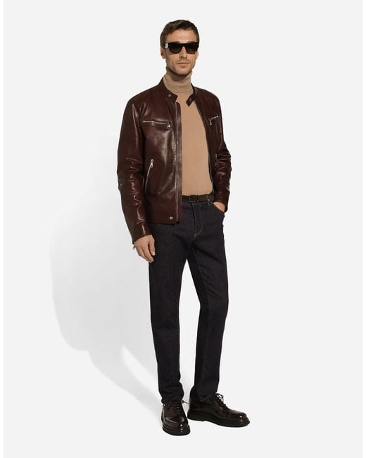 Dolce & Gabbana Brown Leather Biker Jacket for men