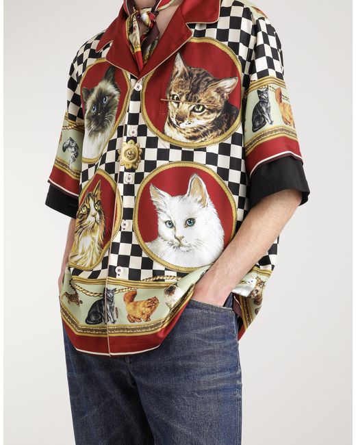メンズ Dolce & Gabbana キャットプリント シルク シャツ Multicolor