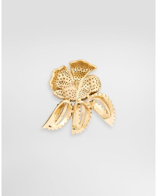 Dolce & Gabbana White Flower Brooch With Rhinestones