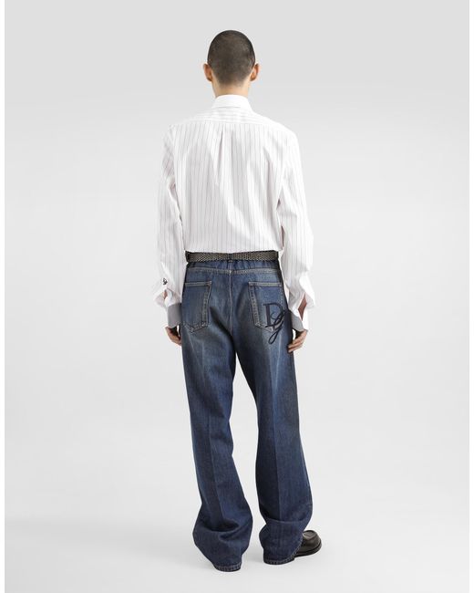 Dolce & Gabbana White Striped Cotton Shirt With Bejeweled Details for men