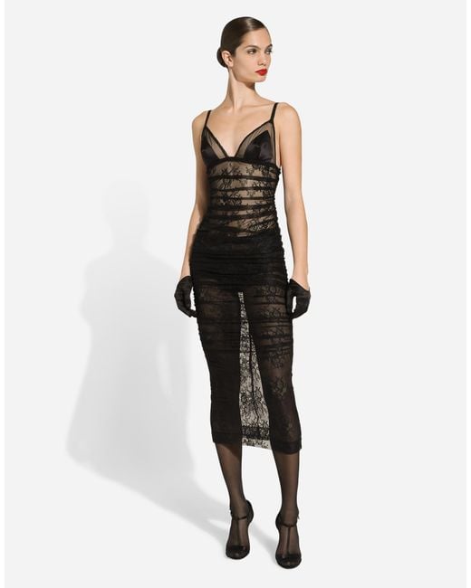 Dolce & Gabbana Black Calf-Length Chantilly Lace Slip Dress