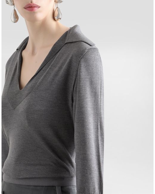 Dolce & Gabbana Gray Silk V-Neck Polo-Shirt With Dg Logo Embroidery